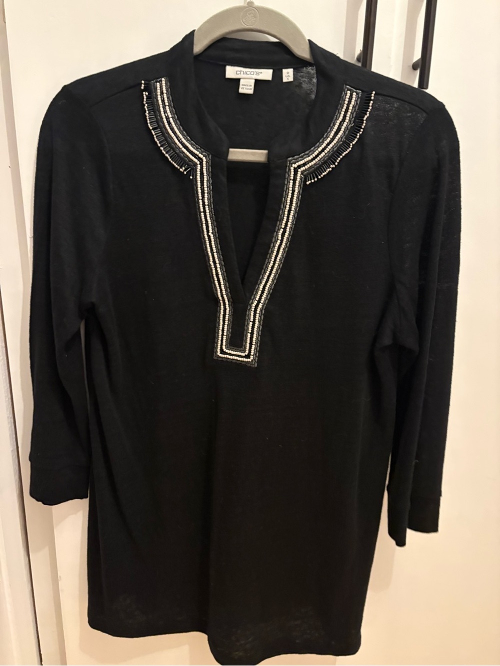 Chico's Black Long-Sleeve Tunic with Beaded V-Neck